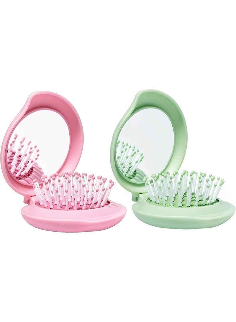 ChicAbode Mini Hair Brush for Purse, Pocket Hair Brush with Mirror for Girls, Small Portable Mirror with Brush Travel Size, Folding Hairbrush for Backpack, Pink and Green - Image 1